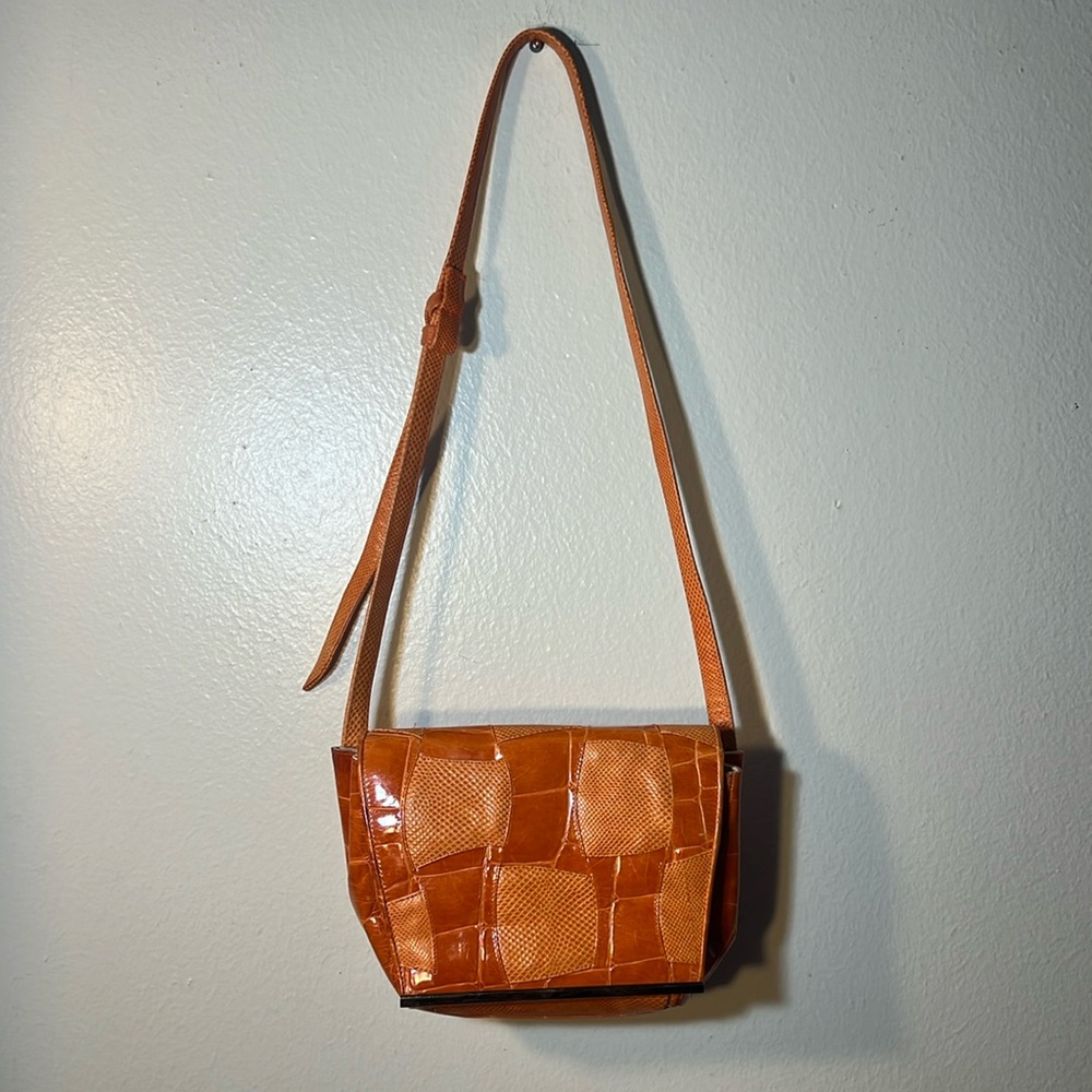 Vintage Sharif Orange Mixed Skin Leather Shoulder or Crossbody Purse Patchwork